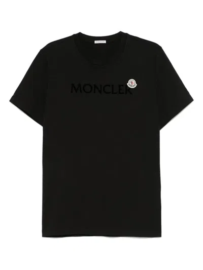 Moncler Men T-shirt With Flocked Cotton Logo In Black