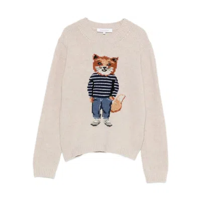 Maison Kitsuné Dressed Fox Intarsia Wool Jumper Knitwear White In Multi