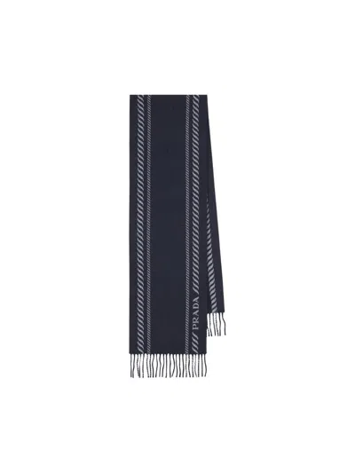 Prada Striped Pattern Scarf Fringed Edges In Blue