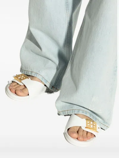 Tory Burch Slide Sandals With Metallic Buckle Accent In White