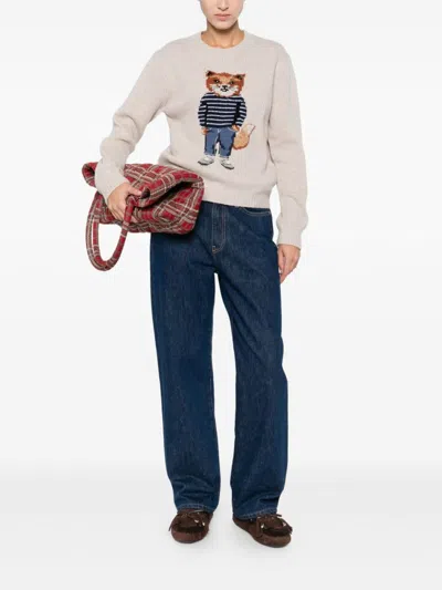 Maison Kitsuné Dressed Fox Intarsia Wool Jumper Knitwear White In White