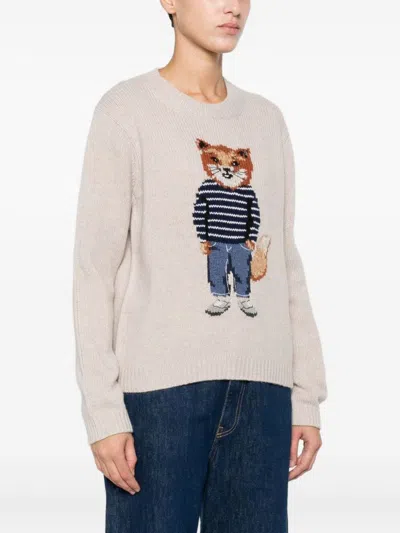 Maison Kitsuné Dressed Fox Intarsia Wool Jumper Knitwear White In White