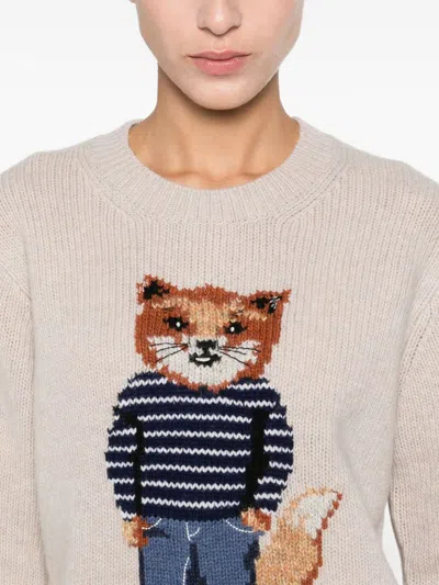Maison Kitsuné Dressed Fox Intarsia Wool Jumper Knitwear White In White
