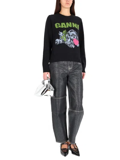 Ganni Playful Puppy Love Graphic Wool Blend Crewneck Sweater In Black