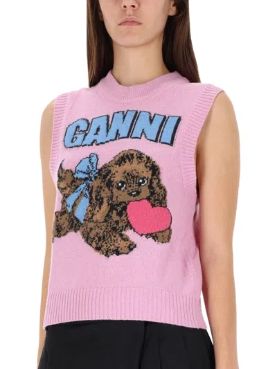 Ganni Womens Chalk Pink Puppy Round-neck Wool-blend Vest In Pink