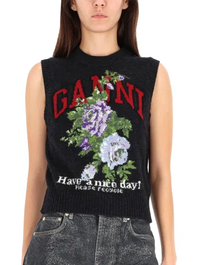 Ganni Flowers Grey Vest In Black