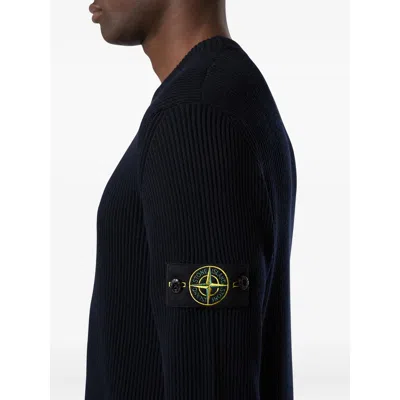 Stone Island Ribbed-knit Virgin Wool Sweater With Signature Patch In Blue