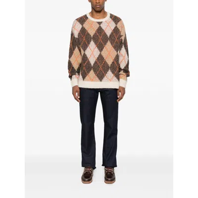 Emporio Armani Oversized Argyle Jacquard Knit Pullover In Brown