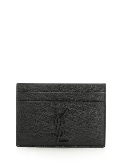 Saint Laurent Porta Carte Cassandre In Pelle Goffrata Grain De Poudre In Black