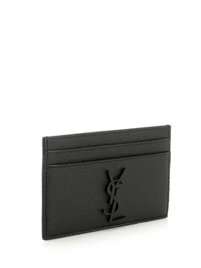 Saint Laurent Porta Carte Cassandre In Pelle Goffrata Grain De Poudre In Black