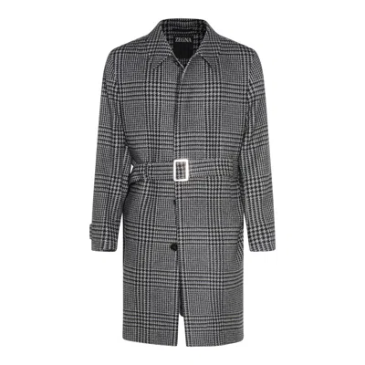 Zegna Houndstooth Pattern Coat Belted Waist In Multi
