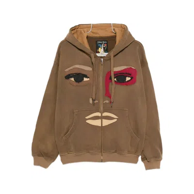 Kidsuper Mens Dark Brown Patchwork Face Zip-through Cotton-jersey Hoody