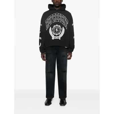 Represent Cotton Hooded Sweatshirt With Distressed Effect In Black