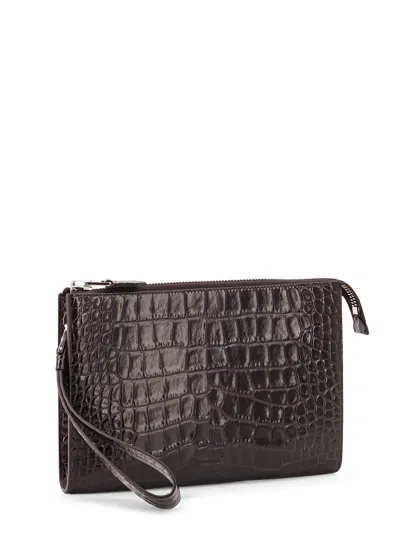 Tom Ford Leather Clutch Bag Featuring Crocodile Texture In Black