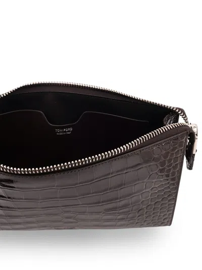 Tom Ford Leather Clutch Bag Featuring Crocodile Texture In Black