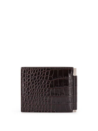 Tom Ford Croc-effect Leather Billfold Wallet In Brown