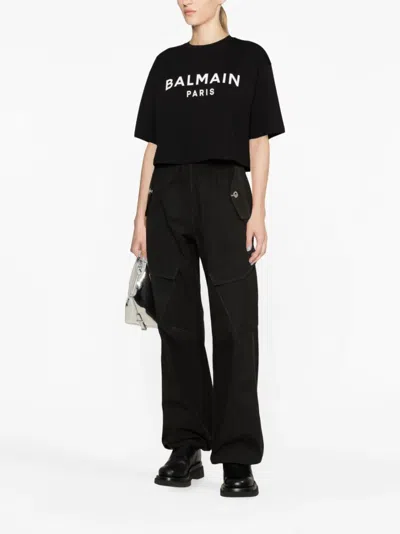 Balmain Women Cropped T-shirt With Print In Black