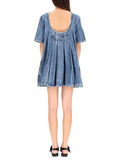 Ganni Short Sleeve Pleated Dress Pockets In Blue