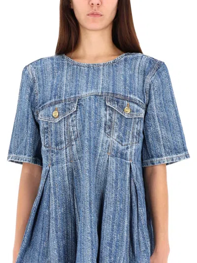 Ganni Short Sleeve Pleated Dress Pockets In Blue