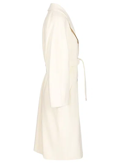Max Mara Double-breasted Coat With Belt Coats White In Yellow