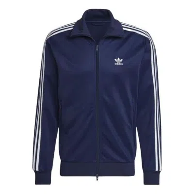 Adidas Originals Men's  Retro Sports Stripe Logo Zipper Stand Collar Jacket Navy Blue