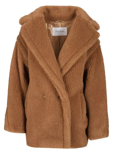 Max Mara Dramma Short Teddy Camel Silk Coats Beige In Brown