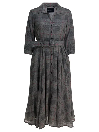 Samantha Sung Grey Checkered Wool Dress In Gold