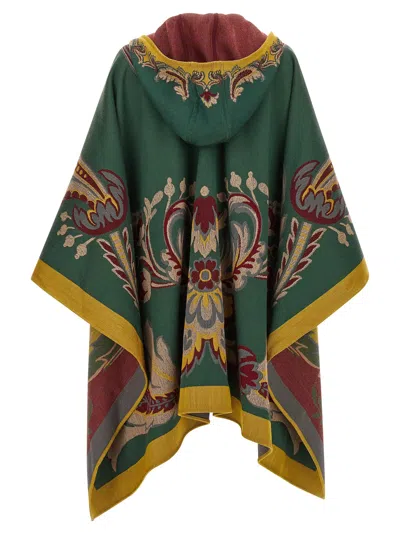 Etro Paisley-motif Long Hooded Wool Cape In Green