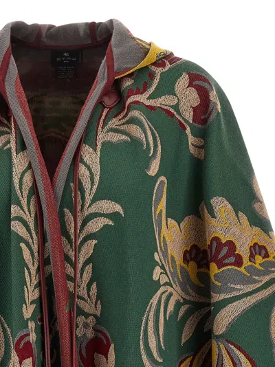 Etro Paisley-motif Long Hooded Wool Cape In Green