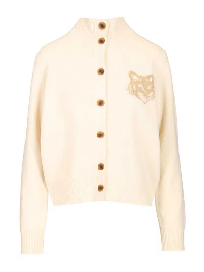 Maison Kitsuné Fox Head Intarsia Merino High Neck Cardigan Knitwear Beige In Neutral