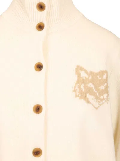 Maison Kitsuné Fox Head Intarsia Merino High Neck Cardigan Knitwear Beige In Neutral