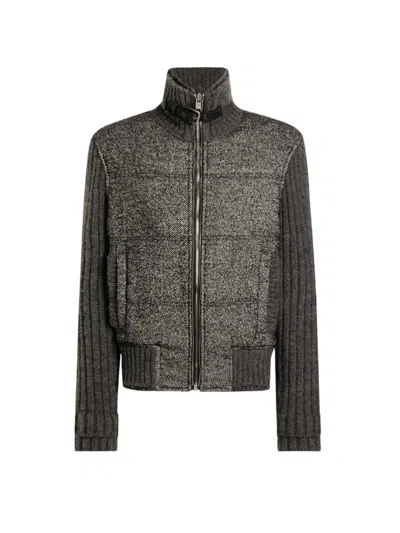 Dolce & Gabbana Herringbone-pattern Ribbed-knit Bomber Jacket In Gray