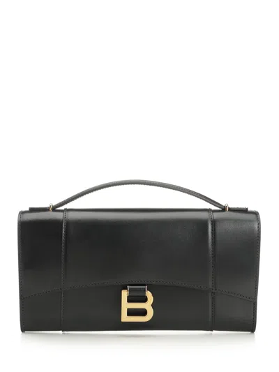 Balenciaga Hourglass Leather Top Handle Clutch In Black
