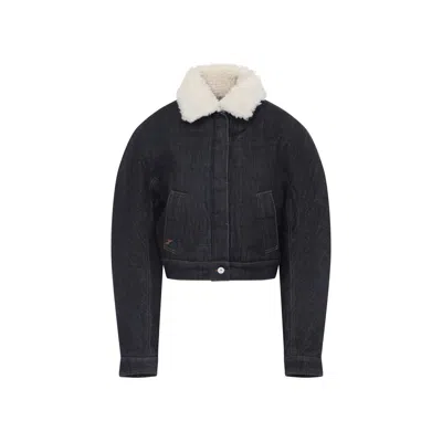 Jacquemus Le Bomber De-nimes Ovalo Blue Jacket With Fur Collar And Two Front Welt Pockets In Denim Woman In Blue