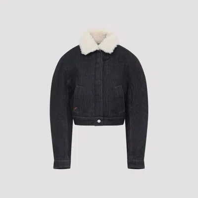Jacquemus Le Bomber De-nimes Ovalo Blue Jacket With Fur Collar And Two Front Welt Pockets In Denim Woman In Blue