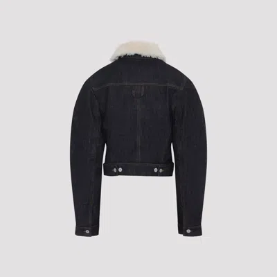 Jacquemus Le Bomber De-nimes Ovalo Blue Jacket With Fur Collar And Two Front Welt Pockets In Denim Woman In Blue