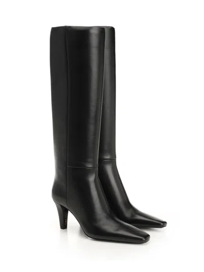 Saint Laurent Knee Length Stiletto Heel Pointed Toe Boots In Black