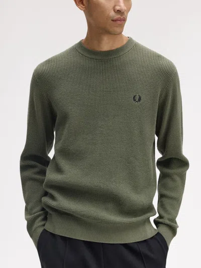 Fred Perry Embroidered Laurel Wreath Crew Neck Sweater In Green