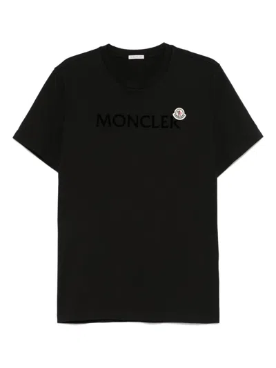 Moncler Flocked Logo Cotton T-shirt In Black