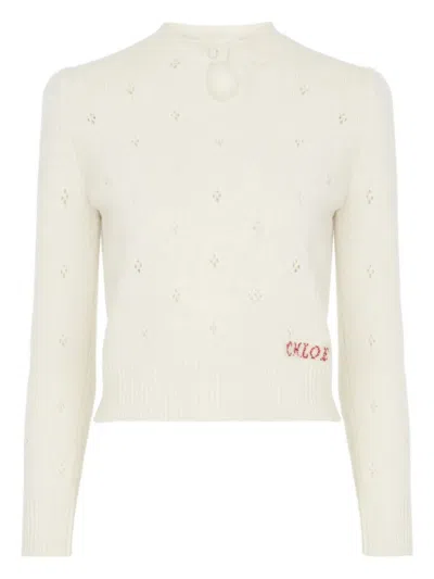 Chloé Wool And Cashmere Fitted Sweater With An Openwork Motif Clothing In White