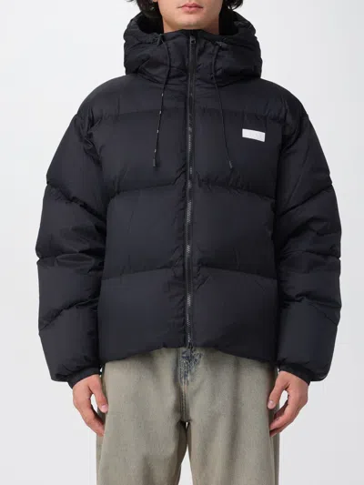 Msgm Short Black Down Jacket With White Label And Zip  In Blue