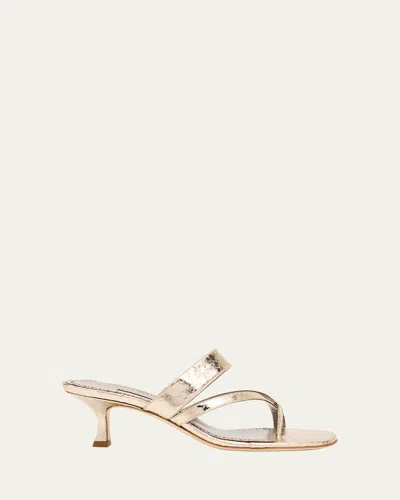 Manolo Blahnik Susa Metallic Snakeskin Kitten-heel Sandals In Silver