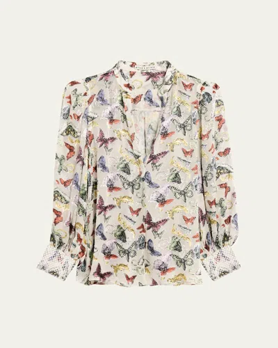 Alice And Olivia Sheila Blouson Sleeve Smocked Cuff Henley Top Spread Your Wings In Multi