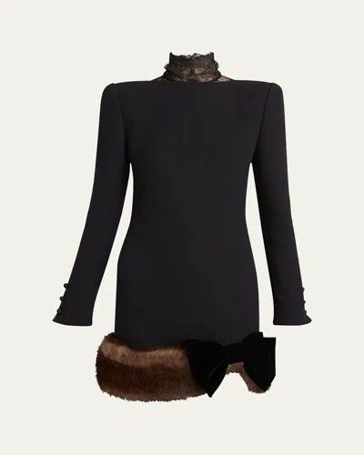 Valentino Long Sleeve Wool Crepe Minidress With Genuine Shearling Trim In Black