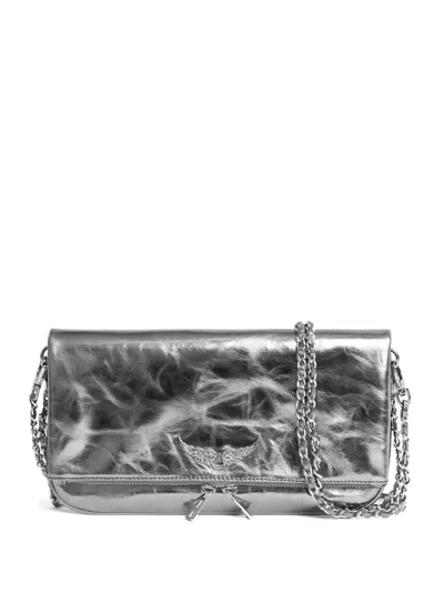 Zadig & Voltaire Rock Vintage Effect Metallic Leather Clutch In Gray