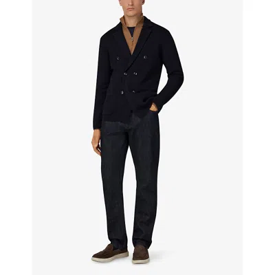 Boggi Milano Ens Navy Blue Collared Double-breasted Wool Jacket In Blue
