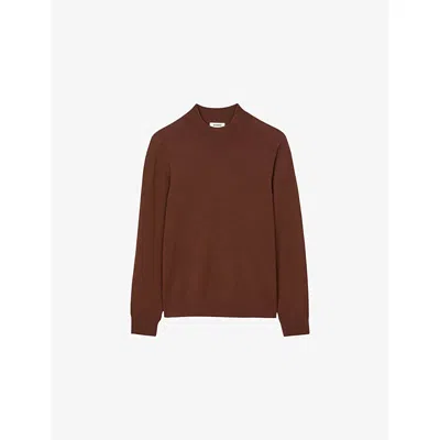 Sandro Mens Cognac High-neck Regular-fit Wool Jumper In Brown