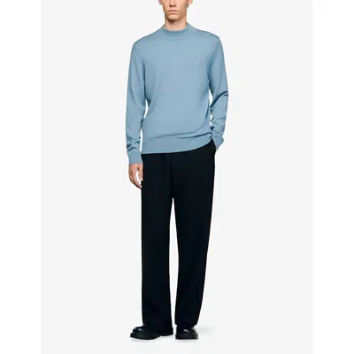 Sandro Mens Chambray High-neck Regular-fit Wool Jumper In Blue