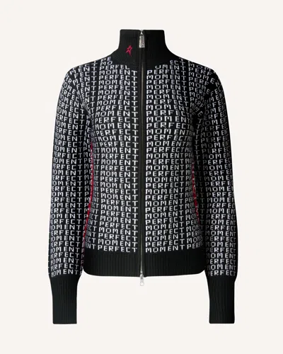 Perfect Moment Monogram Merino Wool Knit Zip Sweater In Black