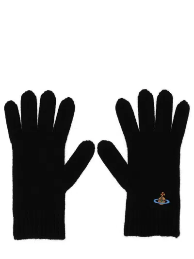 Vivienne Westwood Black Gloves With Orb Logo Embroidered On The Front In Wool Blend Unisex In Black